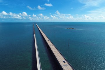 Aerial view of famous bridge in the way to Key West, Florida Keys, United States. Great landscape. Vacation travel. Travel destination. Tropical scenery. Caribbean sea.