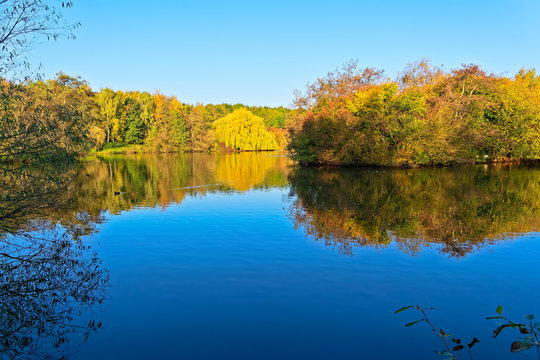 Autumn foliage reflected in the still waters of a small lake on a bright morning.