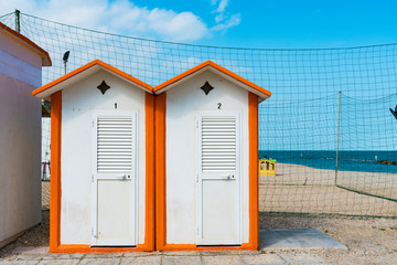White orange beach cabin  on the Adriatic Sea. Porto Recanati, Italy