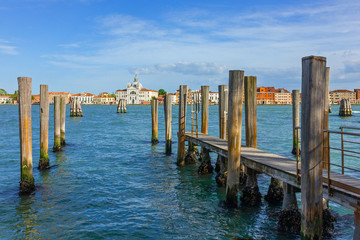 Venice berth seafront view, canal landscape, Italy