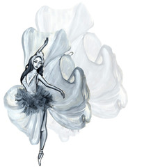 Tender Ballerina. Sketch. Hand-drawn. Gouache. Pencil. Watercolor. Graphic art. Classical artist. Ballet dancer. Young girl. Isolated on white. Arabesque. Black swan. Space for text. Black and white. © Chris