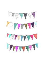 Festive decorative bunting flags in watercolor, gouache and biro pen. Pretty cute illustration for greeting cards, Invitations, postcards, art poster, home decor or nursery art.