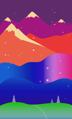 Fantastic mountain landscape in dreamlike vivid neon glow futuristic color palette of hot pink, red, lime green, turquoise, electric blue and minimalist flat design style