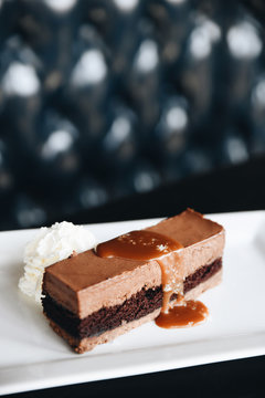 Chocolate mousse cake served on plate