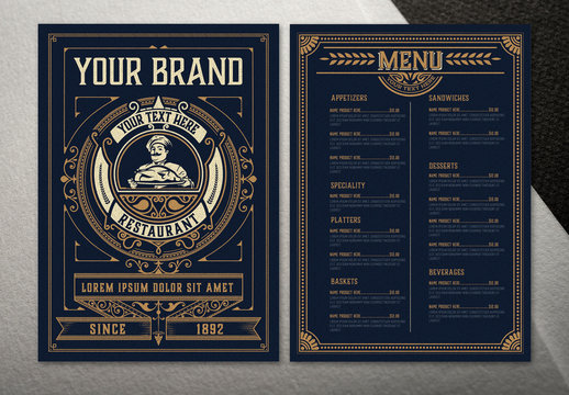Dark Blue Restaurant Menu Layout with Ornamental Elements 