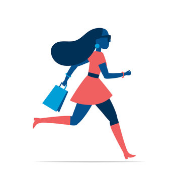 Running girl with shopping bag. Vector illustration isolated on white background 