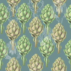 Fototapeta premium Watercolor artichoke seamless pattern, hand drawn graphic design on a dark blue background