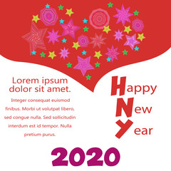 Bright New year greetings. Creative Design with colorful stars and polygons. Stylish flyer, postcard or greeting. Square shape for social networks.