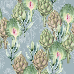 Watercolor artichoke and leaves seamless pattern, hand drawn graphic design on a blue background