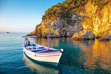Boat in the Mediterranean sea near Paleokastritsa