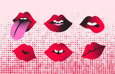 set of red lips with dots in comix style