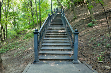 Moscow, Russia - August 20, 2017: metal staircase in the Neskuchny Garden. Leisure park