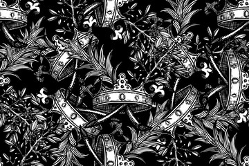 Fototapeta premium Seamless black-white pattern with crown and plants