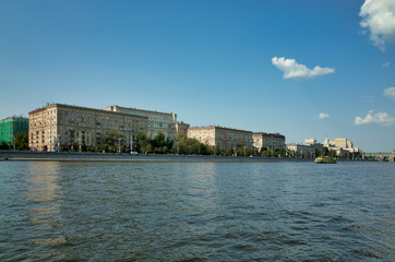 Moscow, Russia - August 20, 2017: Moscow river, view of the Frunze embankment. Pleasure tourist boats on the river
