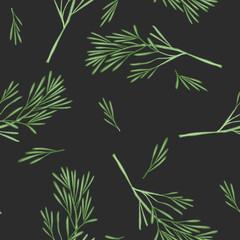 Seamless pattern of hand drawn branches of rosemary, isolated on a dark background