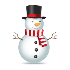Christmas snowman with top hat and scarf on white background. Vector illustration. Isolated.