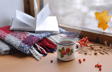 A wooden window, a warm scarf, a mug of hot tea (coffee), a book and autumn maple leaf on wet glass.