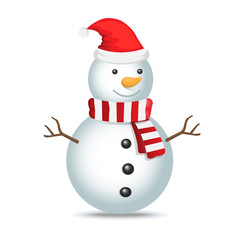 Christmas snowman with santa hat and scarf on white background. Vector illustration. Isolated.