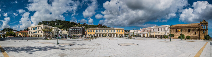 Panorama of Solomos square in the island of Zakynthos, very colorful - obrazy, fototapety, plakaty