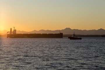 Large container ship and tug boat at rest in calm sound at sunset