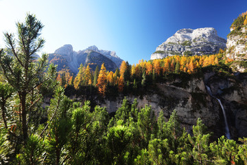 Autumn landscape in Val di Fanes, Dolomites, Italy, Europe