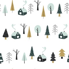 Vector seamless pattern with houses and forest. Christmas wrapping paper. Hand drawn Vector illustration. Children texture. Can be printed and used as wrapping paper, wallpaper, textile, fabric.