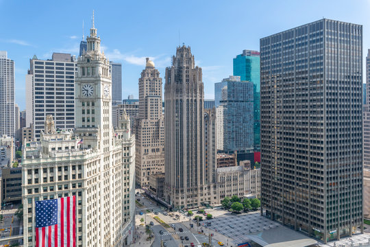 View of Wrigley Building from rooftop terrace, Downtown Chicago, Illinois, United States of America, North America