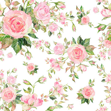 Watercolor seamless pattern of roses with buds