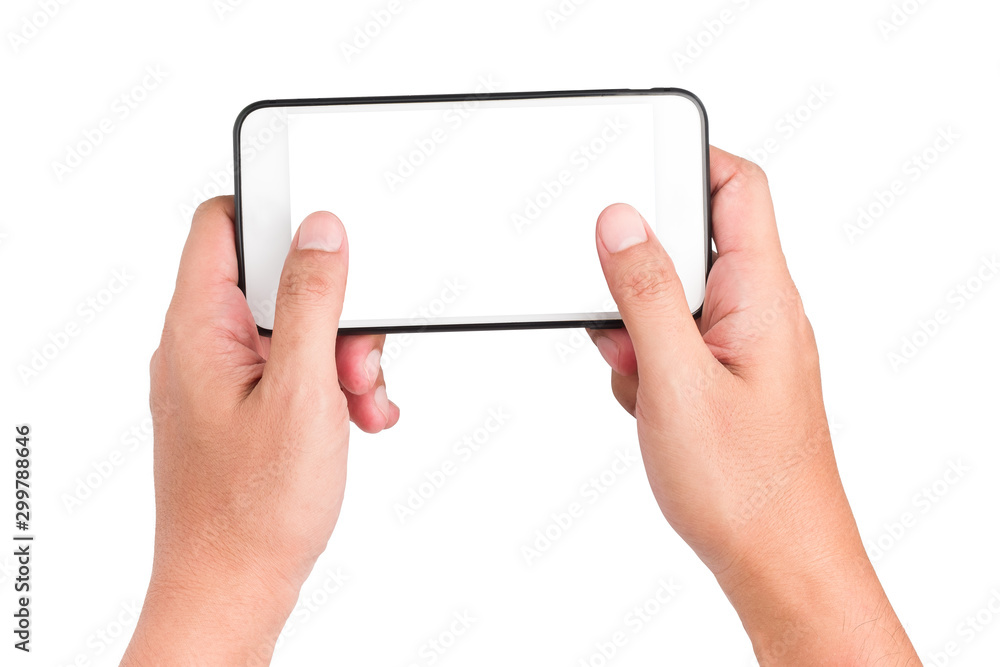 Poster human hand holding a virtual cell phone is playing game and touching on the screen, isolated white b