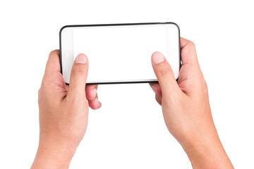 Human hand holding a virtual cell phone is playing game and touching on the screen, isolated white background with clipping path.