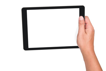 Human hand holding the touch screen tablet on isolated white background with clipping path.