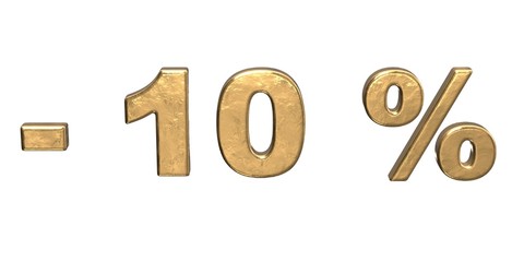 10% of discount. Golden ten percent sale.  isolated on white background  