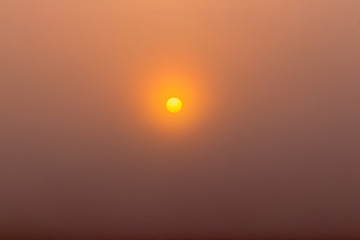 The yellow sun in the morning sky in heavy fog_