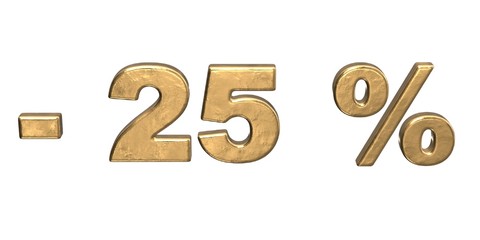 25% of discount. Golden twenty five percent sale.  isolated on white background  