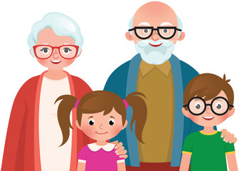 Grandmother and grandfather hugs their grandchildren