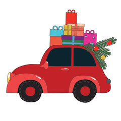 Red car with Christmas decoration on the top