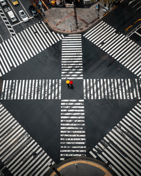 Two persons with umbrellas crossing the street of the city during day
