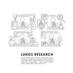 Lungs system inspection concept. Pulmonology of human vector illustration for website, logo, app icon, banner. Medical research for Fibrosis, Asthma, Tuberculosis, Pneumonia, Cancer. Lung line art Vec