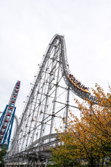 People enjoy roller coaster in Tokyo