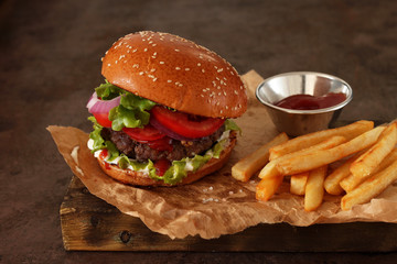 Home made hamburger with lettuce and chips
