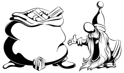 Santa Claus is shocked as he prepared a bag with gifts for the holidays in black and white style