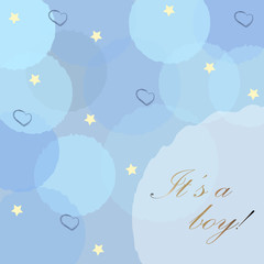 Fototapeta na wymiar Baby Boy Birth announcement with blue bubbles, stars and hearts on modern bubbly background.. Vector Illustration