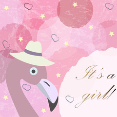 It's a girl. Baby Girl Birth announcement card, label, greeting, congratulation.Cute Bird announces arrival of baby girl.