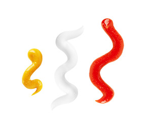 Ketchup mayonnaise and mustard isolated on white background. Top view