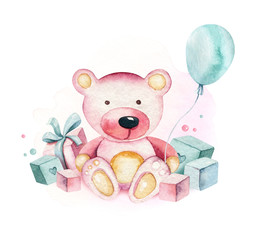 Baby shower kid bear watercolor girl design elements. Set of baby pink birthday illustration. Newborn party invitation