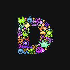 Monster font. Letter D made of yellow, pink, green, blue, orange blots, eyes and funny monsters