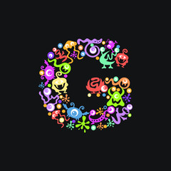 Monster font. Letter G made of yellow, pink, green, blue, orange blots, eyes and funny monsters on a black background