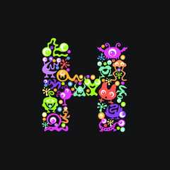 Monster font. Letter H made of yellow, pink, green, blue, orange blots, eyes and funny monsters on a black background