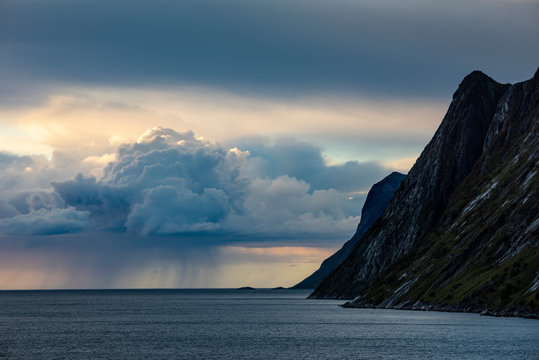 Rain cloud and mountain, Senja, Norway.
