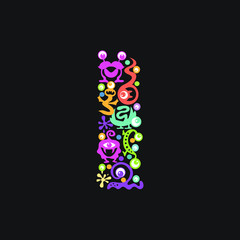 Monster font. Letter I made of yellow, pink, green, blue, orange blots, eyes and funny monsters on a black background